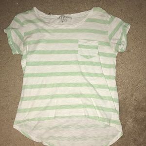 This is a mint green and white striped shirt.